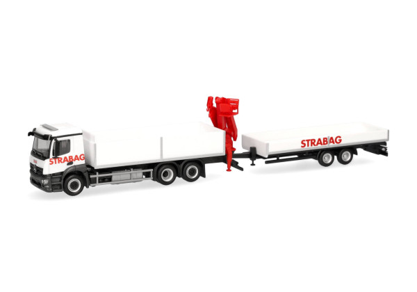 MB Actros M stavební vůz s jeřábem a nízkopodlažním přívěsem "STRABAG" "320665" (1:87)